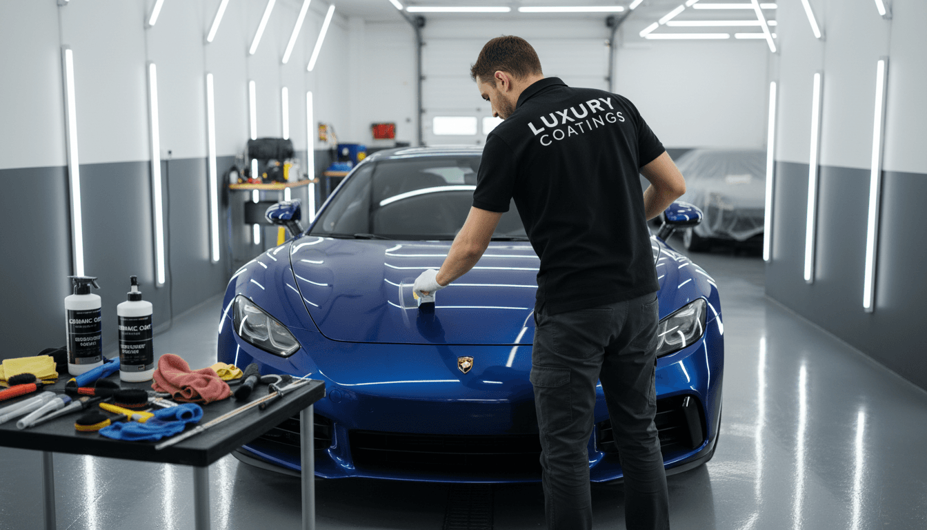 professional car detailing technician applying ceramic coating to vehicle exterior with precision tools