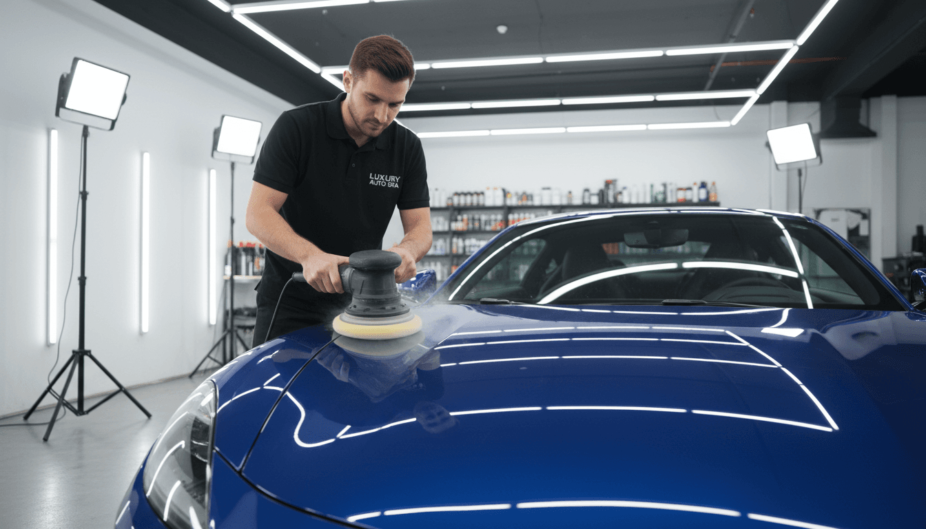 Professional detailer using polisher to restore car paint finish with precision and technique