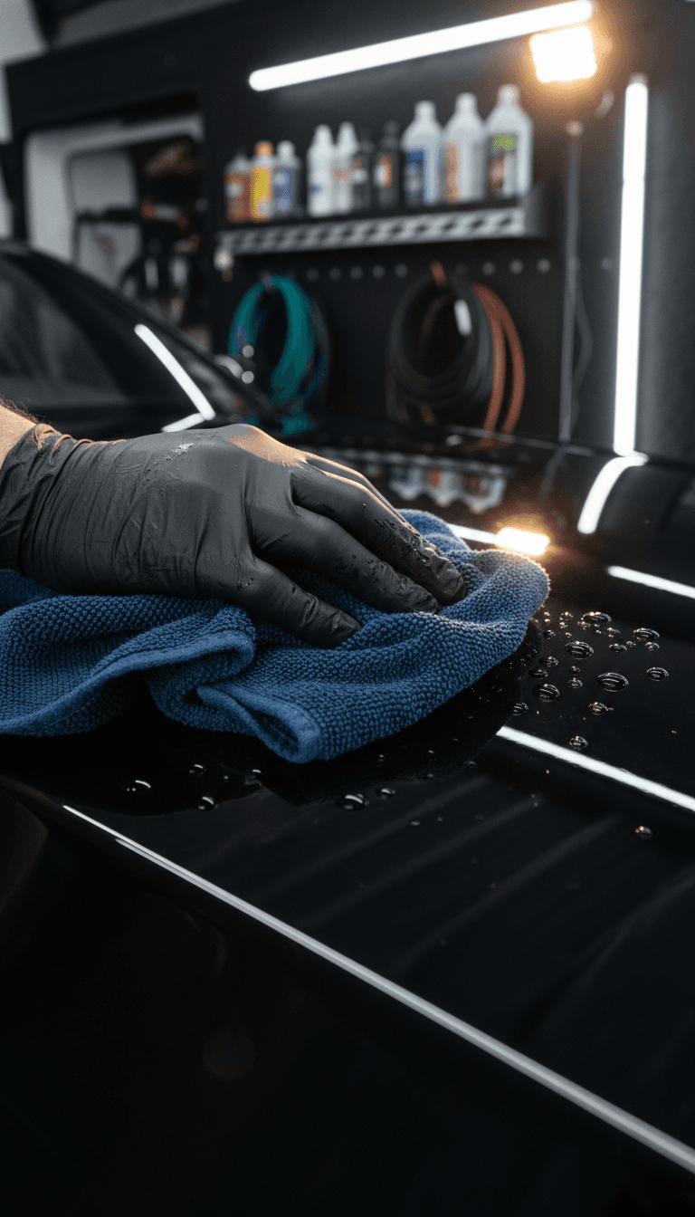 Professional detailer applying ceramic coating to a gleaming black car hood at night, cinematic lighting