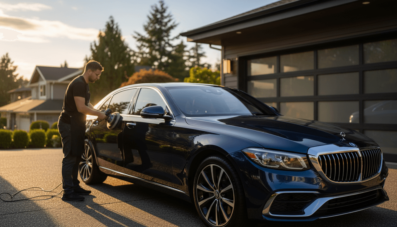 A dark, dramatic luxury aesthetic wide shot of a professionally detailed sedan in a Seattle residential driveway at golden hour.