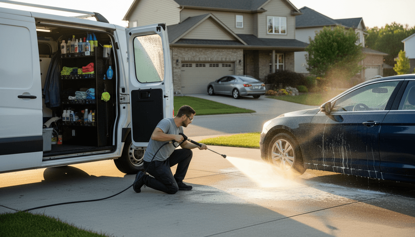 Mobile detailing unit operating independently at a residential location