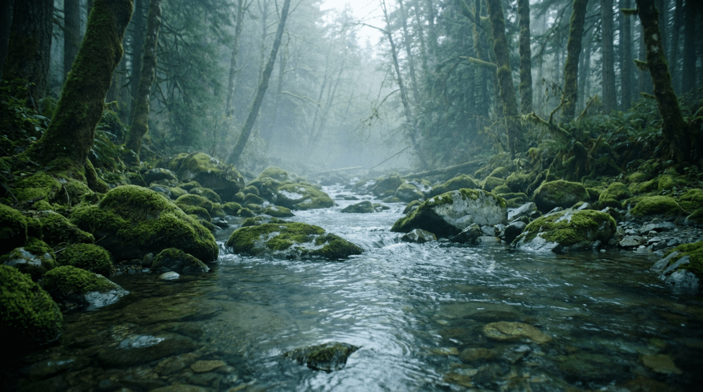 Forest stream flowing gently over moss-covered rocks with mist rising, surrounded by soft-focused trees