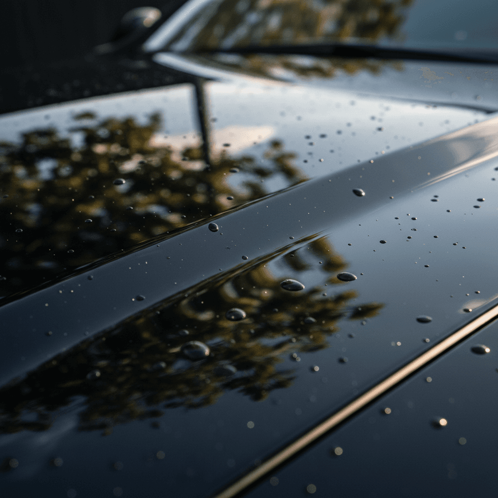 Close-up of ceramic sealant water beading on freshly detailed paint